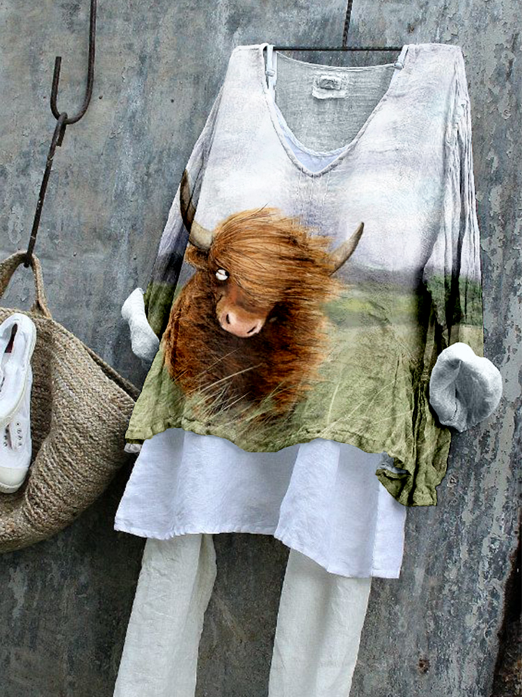 Comstylish Highland Cow Art Linen Blend Flowy Tunic