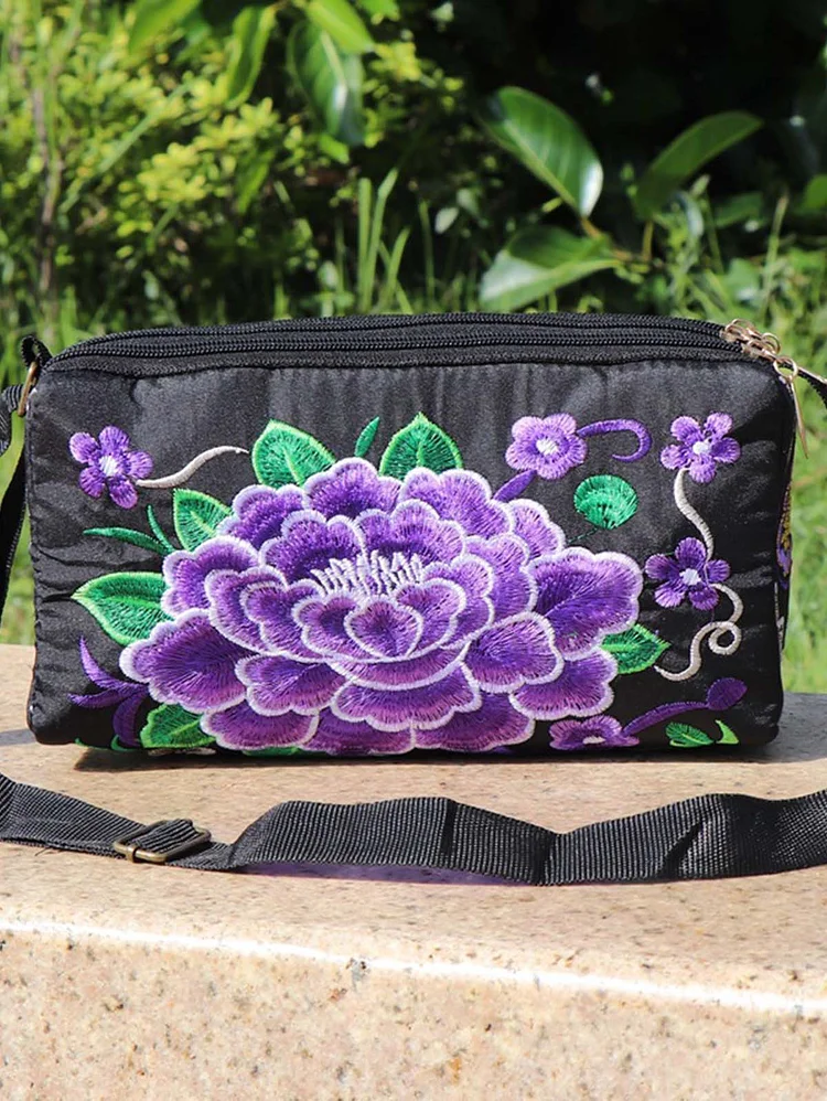 Square Shape Floral Zip Up Embroidery Shoulder Bag