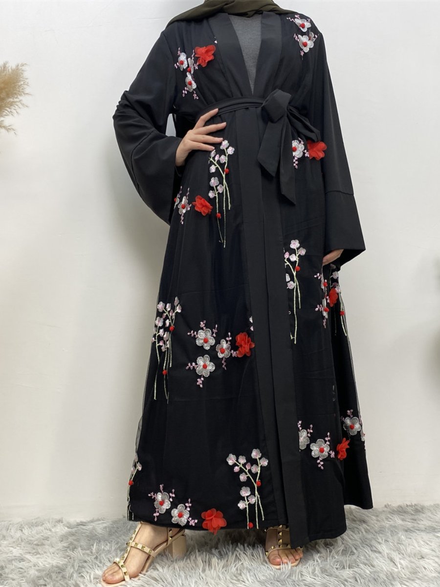 Stereoscopic Flowers Embroidery Long Sleeve Belt Design Lady Outerwear | Oxredo Shop Ramadan Sale