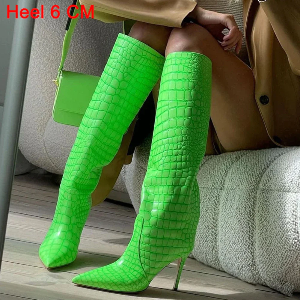 Qengg Fashion Sexy Luxury Crocodile Pattern Knee High Heels Women's Boots Banquet Party Wedding Stiletto Mid Calf Boots Woman