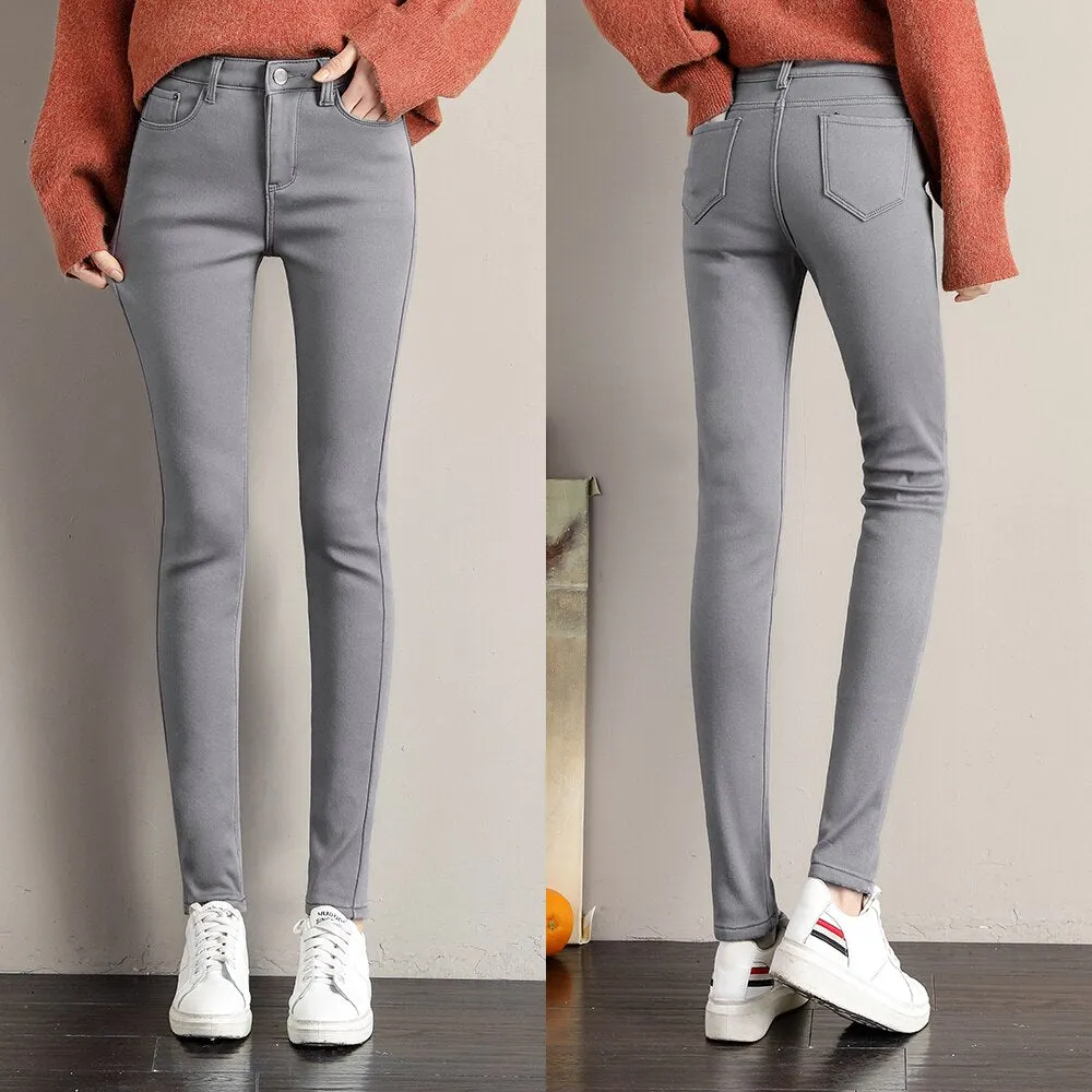White Warm Jeans Women Winter Wear Black Grey Female Denim Trousers Young Ladies Slim Skinny Streetwear Jean Fleece Pencil Pants