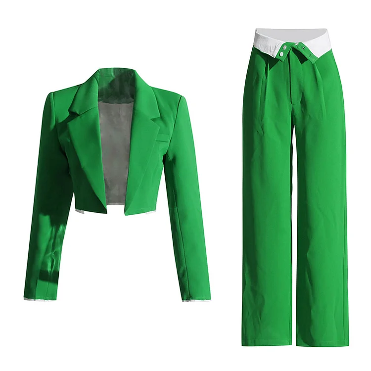 Short Blazer And Color-blocked Pants Two Piece Set