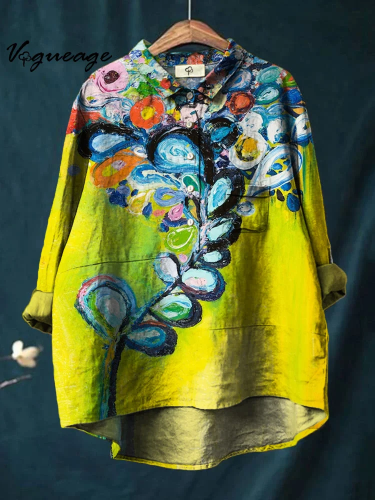 Bright Oil Painting Plants Printed Cotton And Linen Shirt