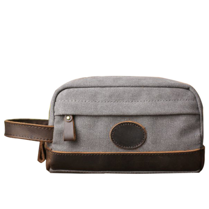 Mens Canvas Leather Toiletry Bag for Men Shaving Kit