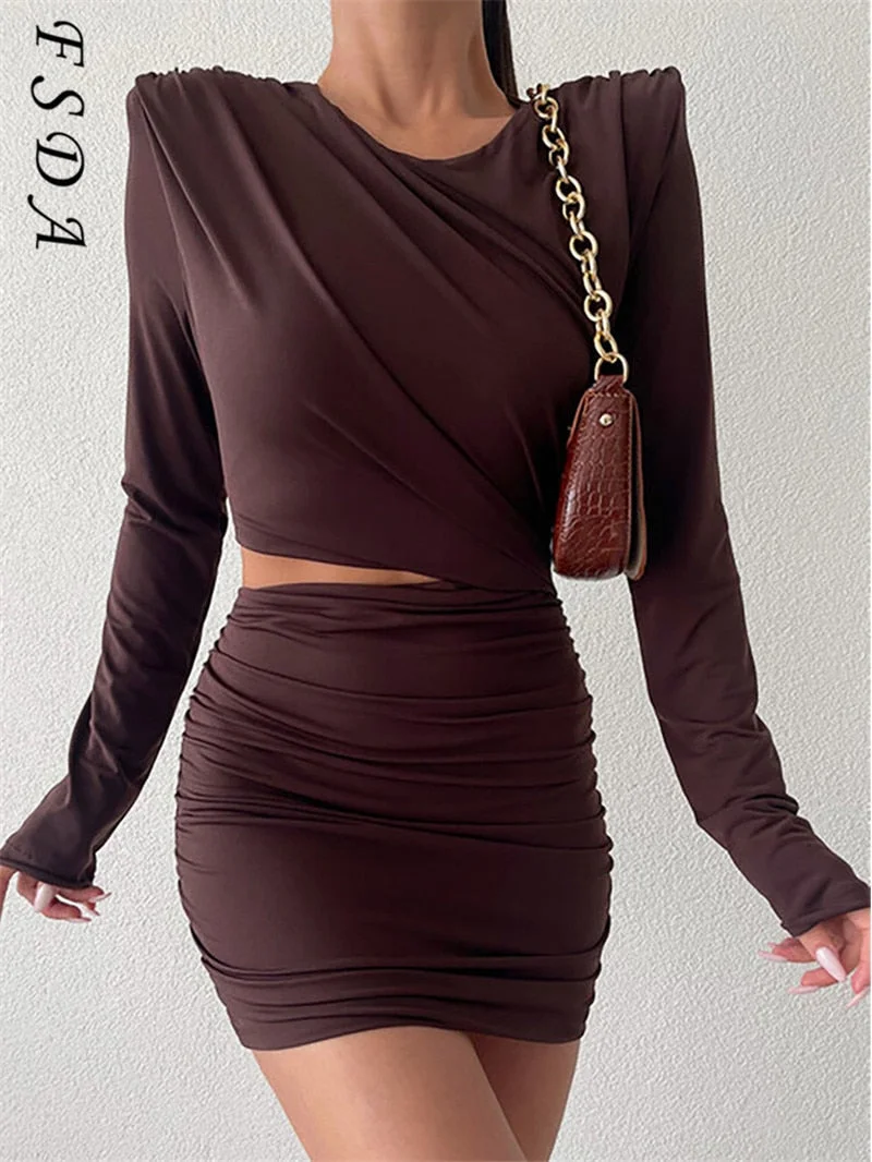 2022 Hollow Out Bodycon Dress Mini Women Brown Autumn Winter Sexy O Neck Long Sleeve Elegant Party Dresses Black Club