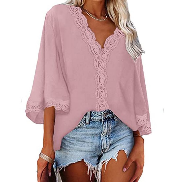 New Spring Autumn Loose Large Size Lace Shirt Women Long-sleeved Solid Color Deep V-neck Tops Fashion Women Fall Clothing 2021