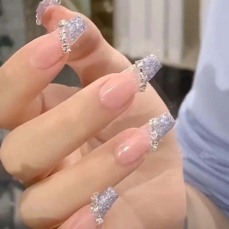 Fake Nail Patch Long Square Head Nails Exqusite Rhinestone Decor Nail Art Finished Nail Piece 24PCS Glue Type Best Gifts SANA889 515-1-Nail Inspo