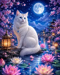 Moonlit Lotus Cat - Diamond Painting