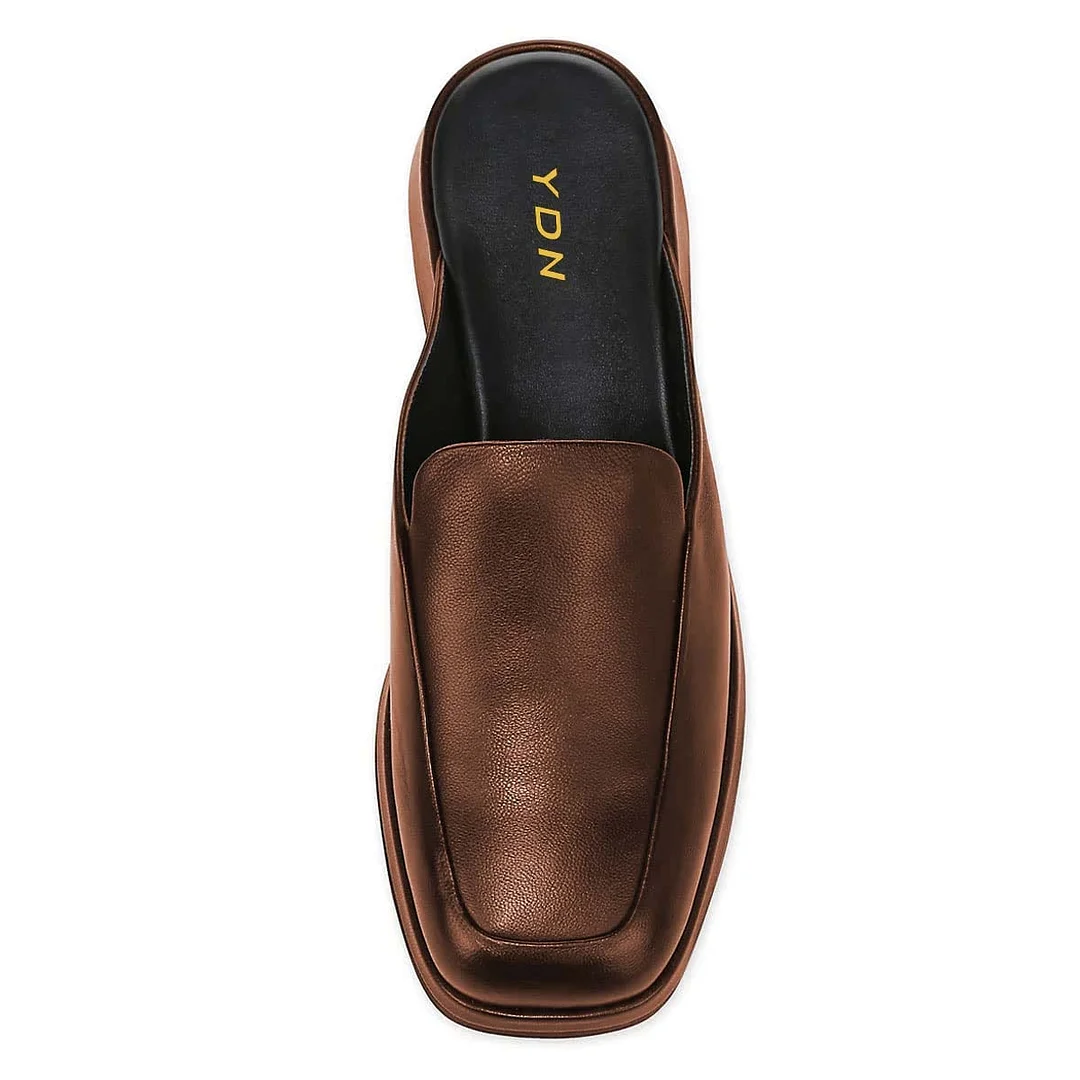Shiny Brown Vegan Leather Square Toe Backless Mules with Platform Heel