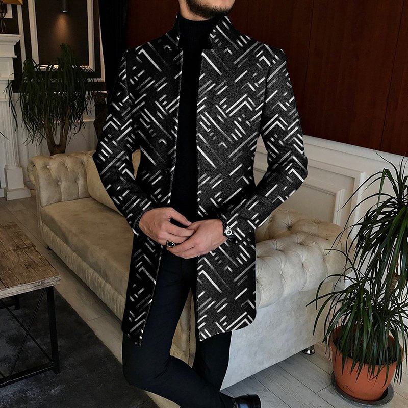Men's Abstract Geometric Pattern Stand Up Collar Tweed Coat