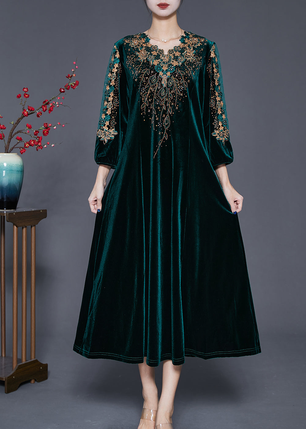 VCSHOES Blackish Green V Neck Zircon Silk Velour Maxi Dresses Fall