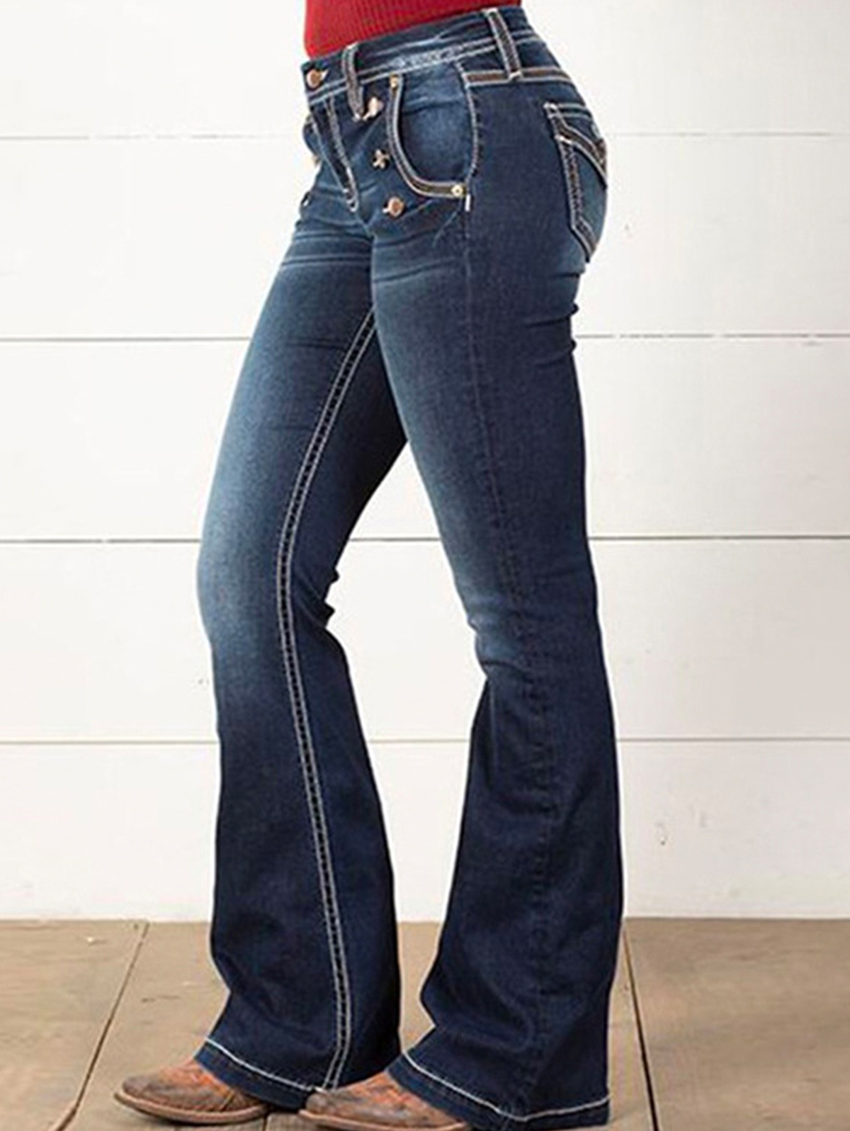 Vintage Denim Mid-Rise Side Button Fare Leg Jeans