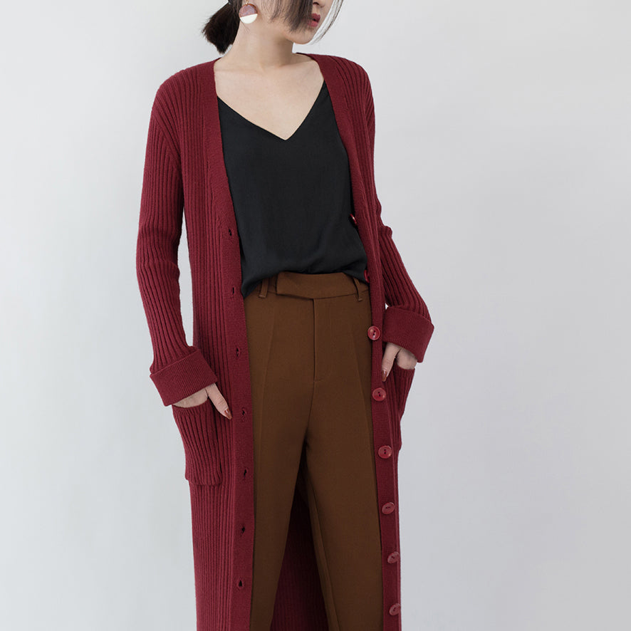 VCSHOES burgundy maxi coat Loose fitting V neck  long coat pockets coats