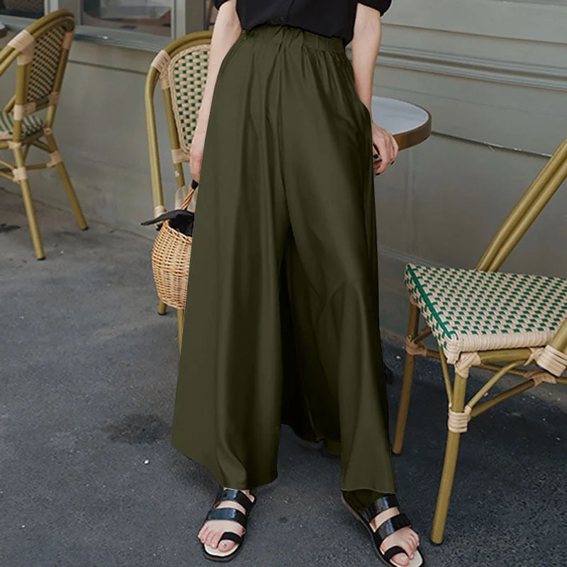 ZANZEA Spring Trousers Stylish Women 2022 Casual Elastic Waist Long Solid Wide Leg Pants Female Streetwear  Pantalon