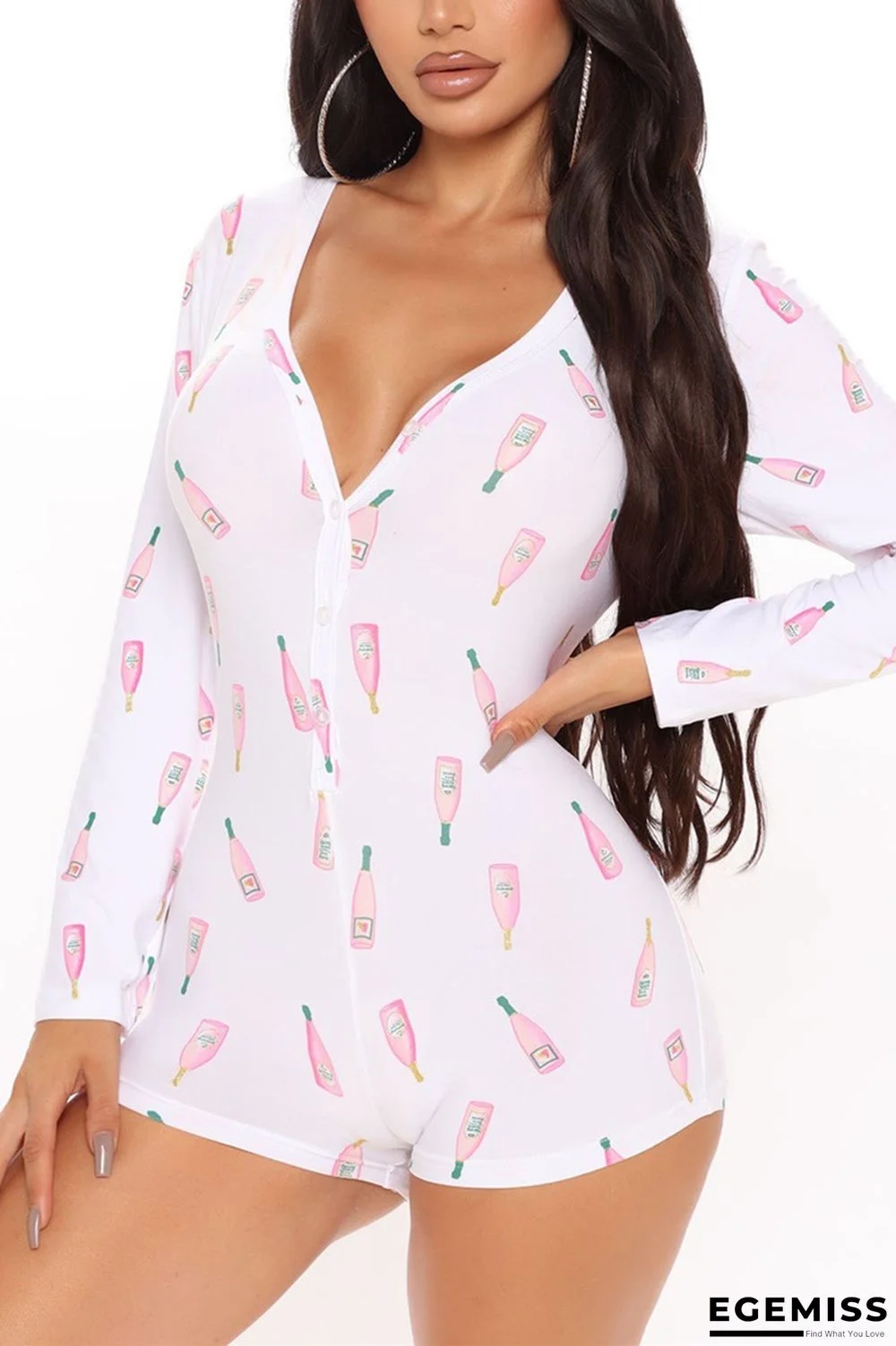 Champagne Casual Living Print Basic V Neck Skinny Romper | EGEMISS