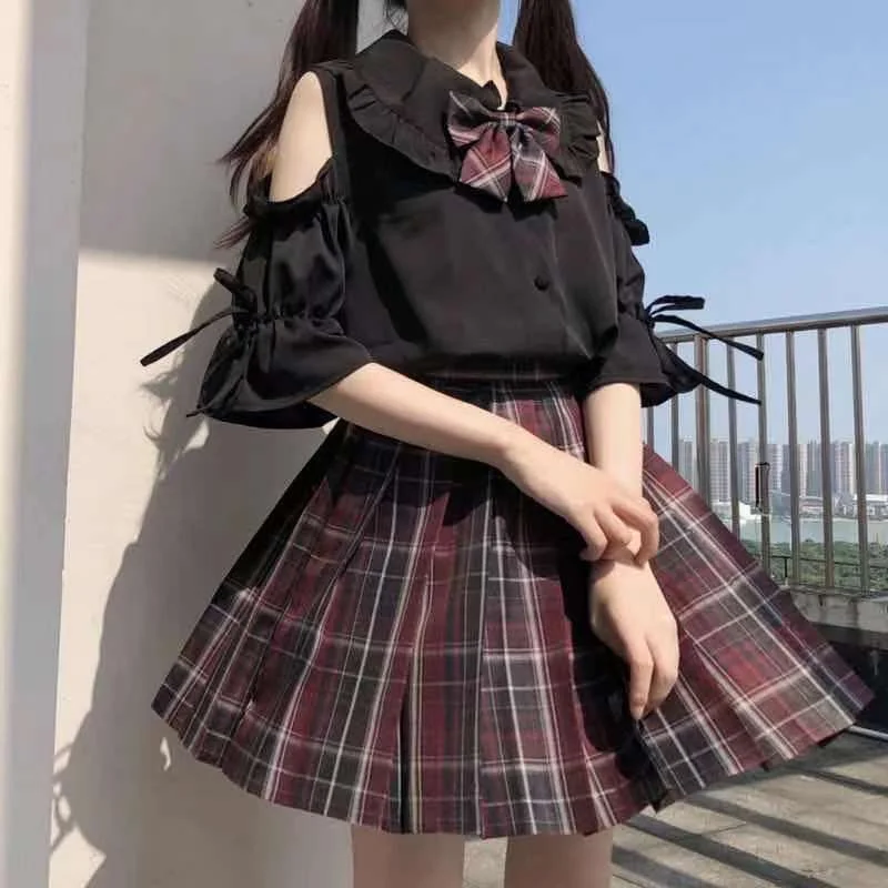 Jangj Summer Japanese Girl College Peter Pan Collar Jk Uniform Lolita with Flared Sleeves Off-the-shoulder Short-sleeved Shirt