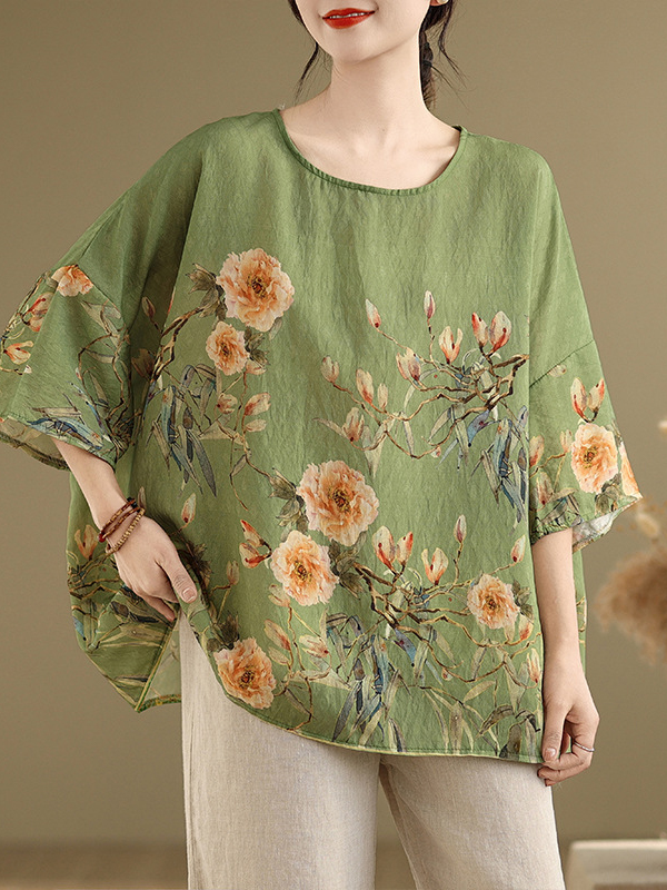 Floral Print Round Neck Loose Top