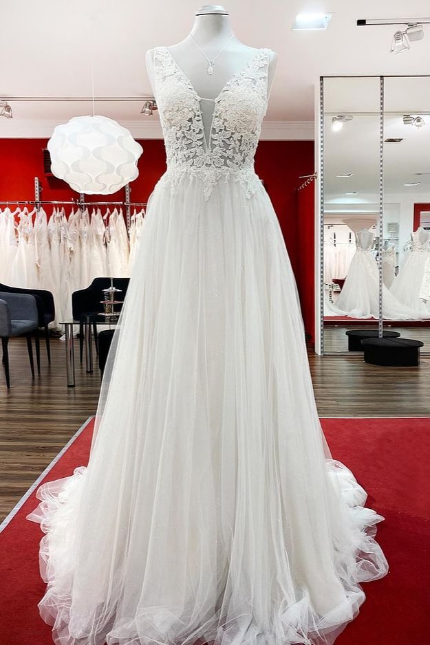 Stunning A-line V-neck Tulle Ruffles Backless Long Wedding Dresses With Lace | Ballbellas Ballbellas