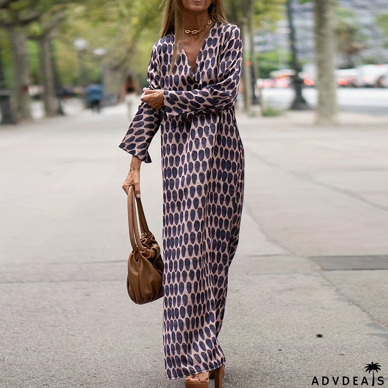 Plus Size Women Turndown Collar Long Sleeve Slit Dress