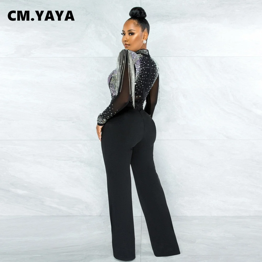 CM.YAYA Women Jumpsuit Solid High Collar Hot Drill Mesh Shoulder Cotton Long Sleeves Long Straight Jumpsuit Sexy Party Outfits