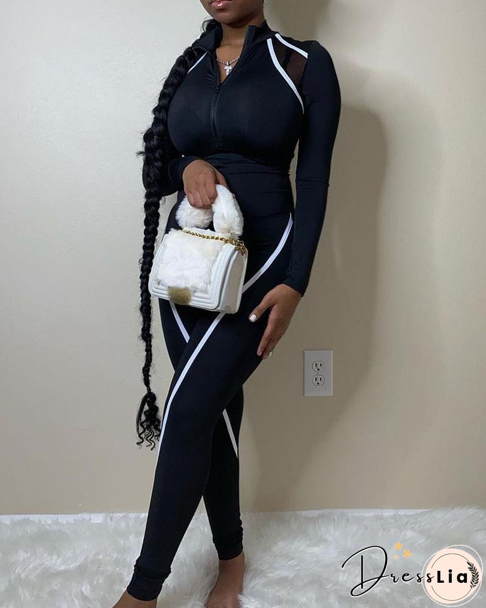 Colorblock Zipper Design Long Sleeve Skinny Jumpsuit