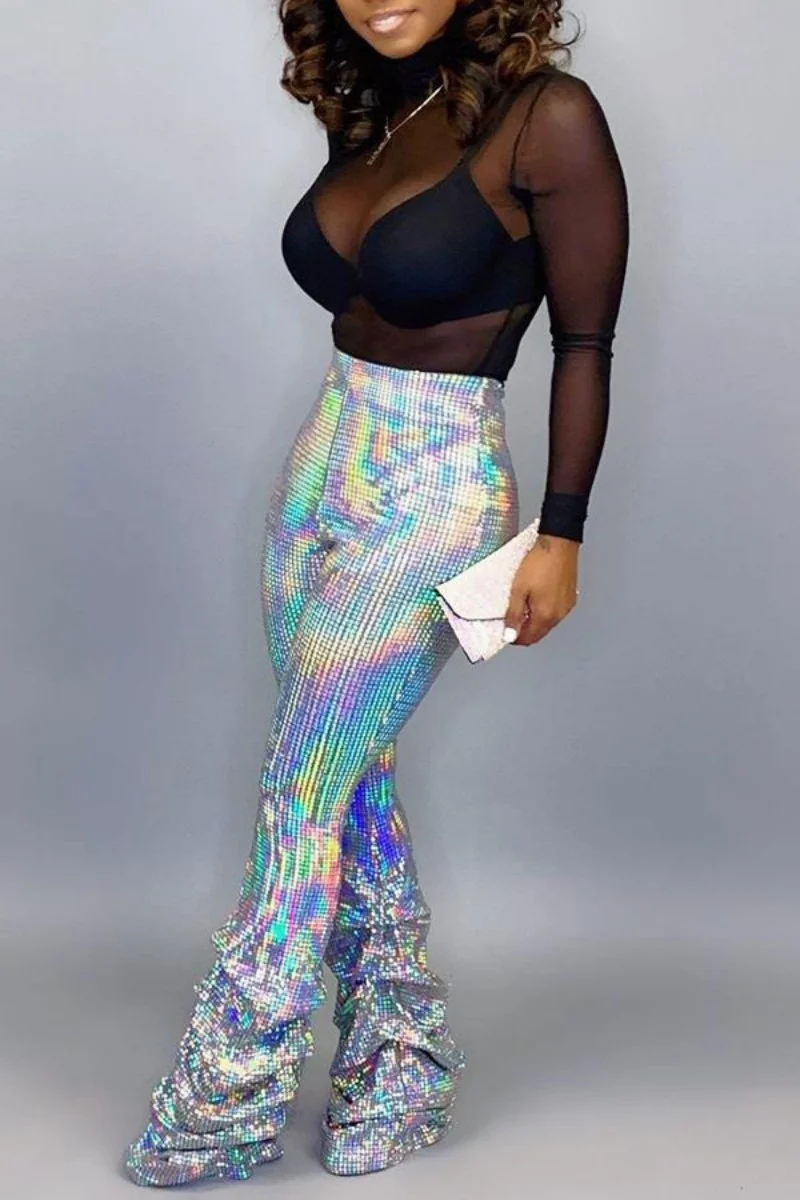 Silver Casual Solid Fold Regular High Waist Trousers