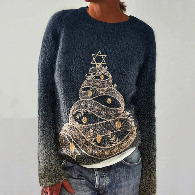 Women's Hanukkah Christmas Tree Print Cozy Knit Sweater