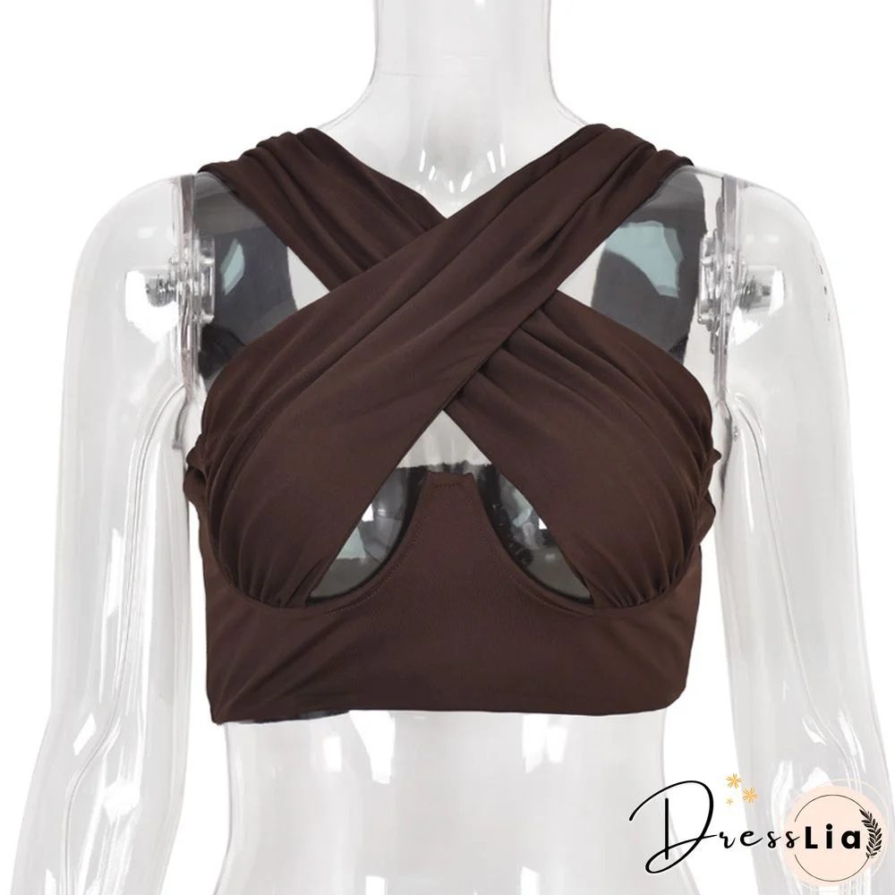 Hollow Out Tank Top For Women Sexy Short Crop Tops Brown Crossover Solid Clothes Fashion New Summer Streetwear