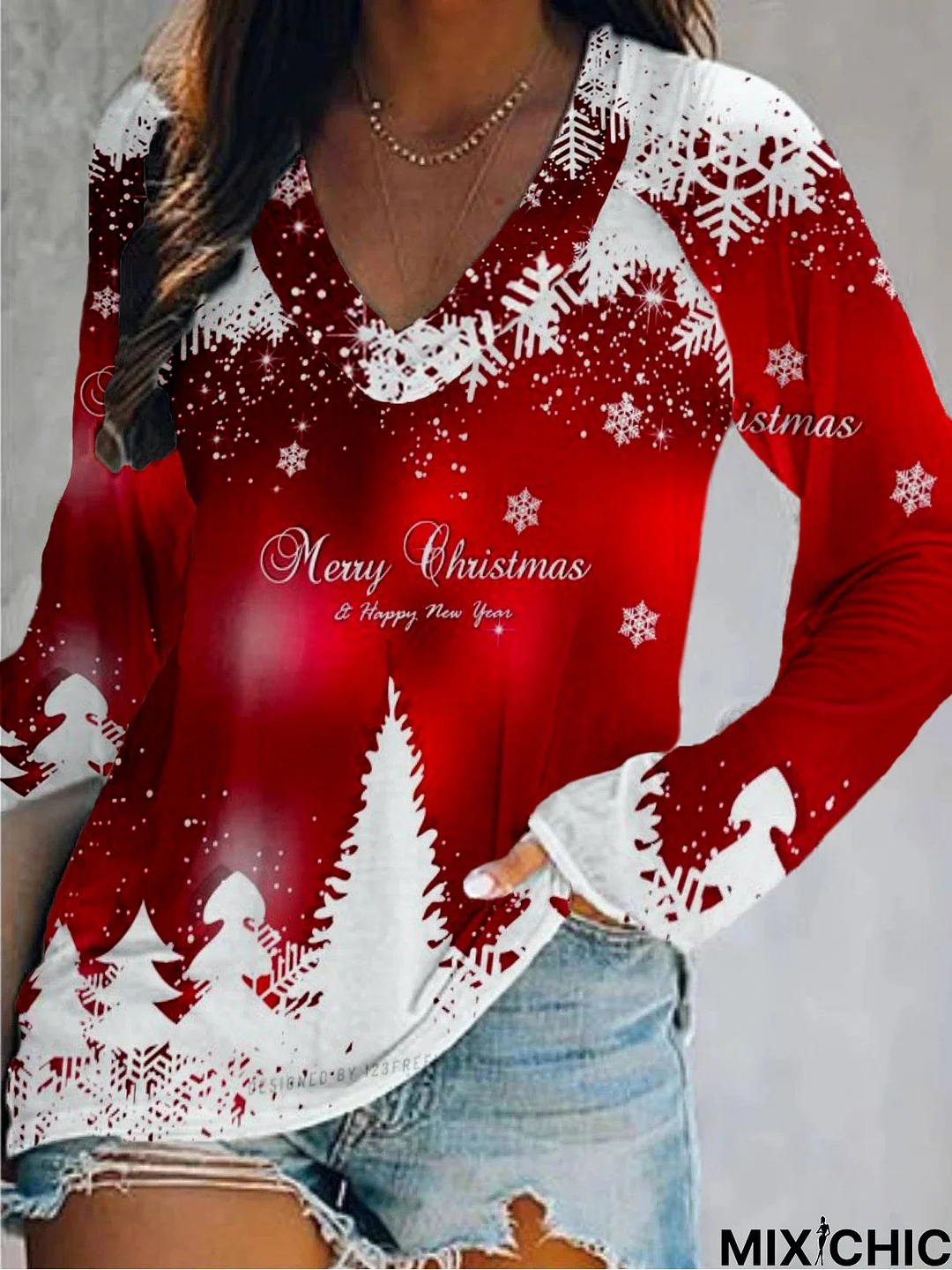 Christmas Xmas Long Sleeve V Neck Plus Size Printed Top Tunic T-Shirt