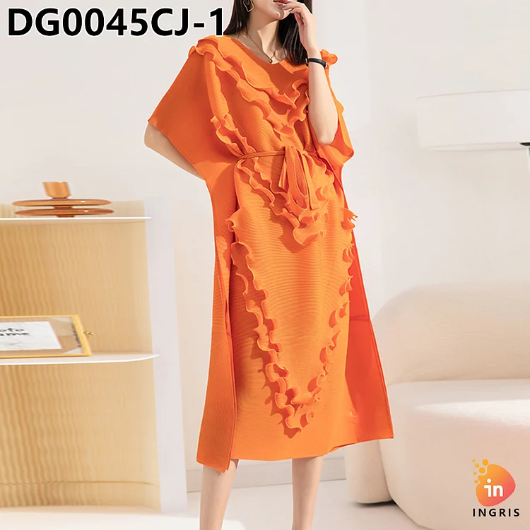 New pleated ruffle commuting Miyaki solid color elegant dress 2024 autumn plus size women's long casual dress-DG00045CJ
