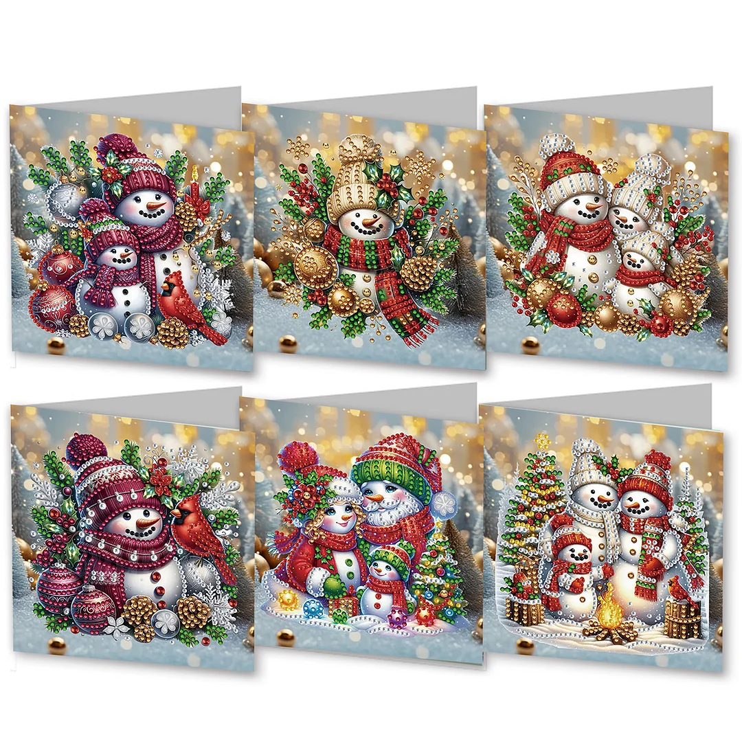 6pcs DIY Christmas Snowman DIY Diamond Painting Greeting Card for Friends Family Gift【With White Envelope】