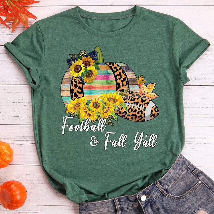 Women Football And Fall Y'all Leopard Pumpkin Sunflower  T-Shirt Tee-597388