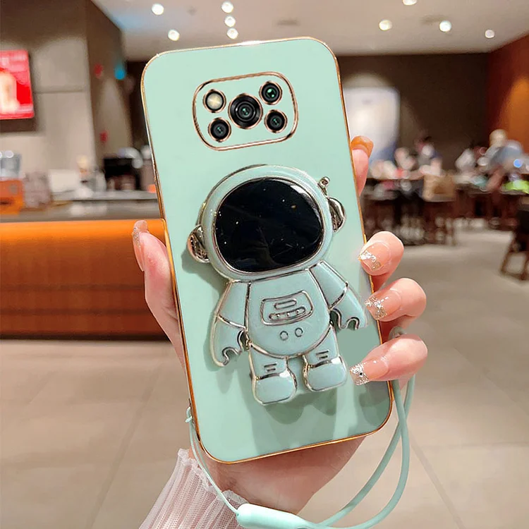 Astronaut Fold Stand For Xiaomi Poco X3 Pro Nfc Phone Case With Lanyard Luxury Plating Cover
