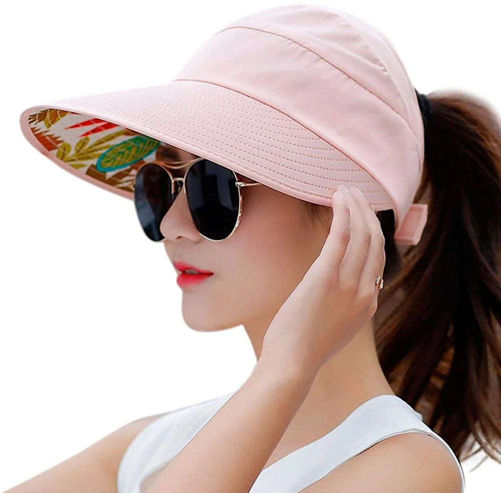 Sun Hats for Women Wide Brim UV Protection Cap Summer Beach Packable Visor (Pink)