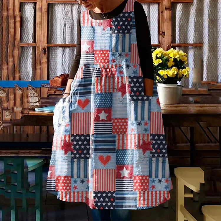 Women's Independence Day Flag Print Sleeveless Loose Midi Dress