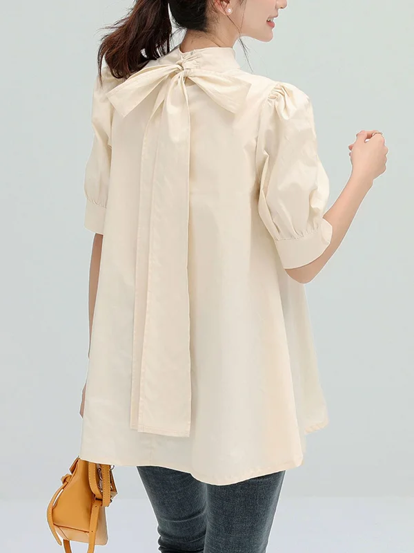 Casual Loose Bow-Embellished Solid Color Blouse