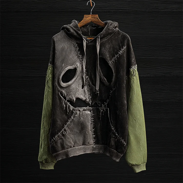 Halloween Spooky Face Colorblock Patchwork Hoodie