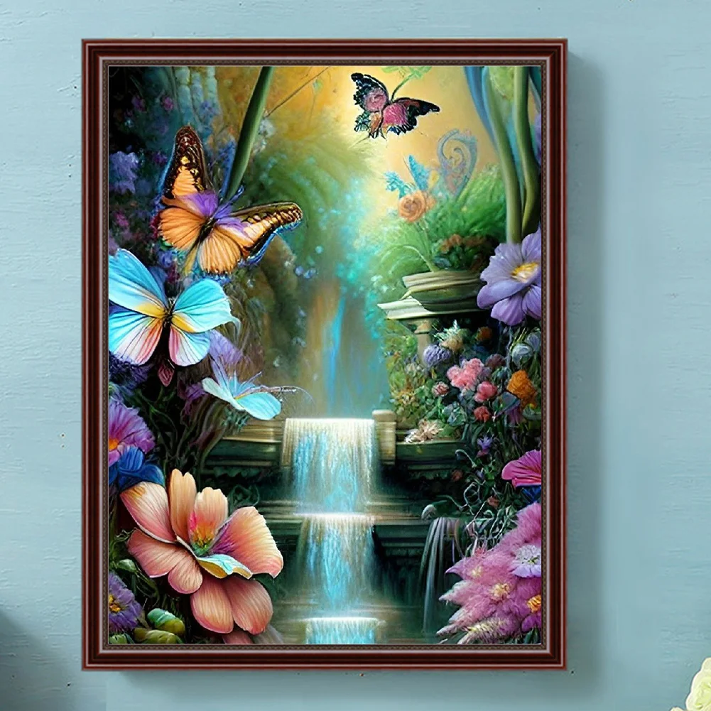 Diamond Painting - Full Round Drill - Flower Butterfly Waterfall(30*40cm)