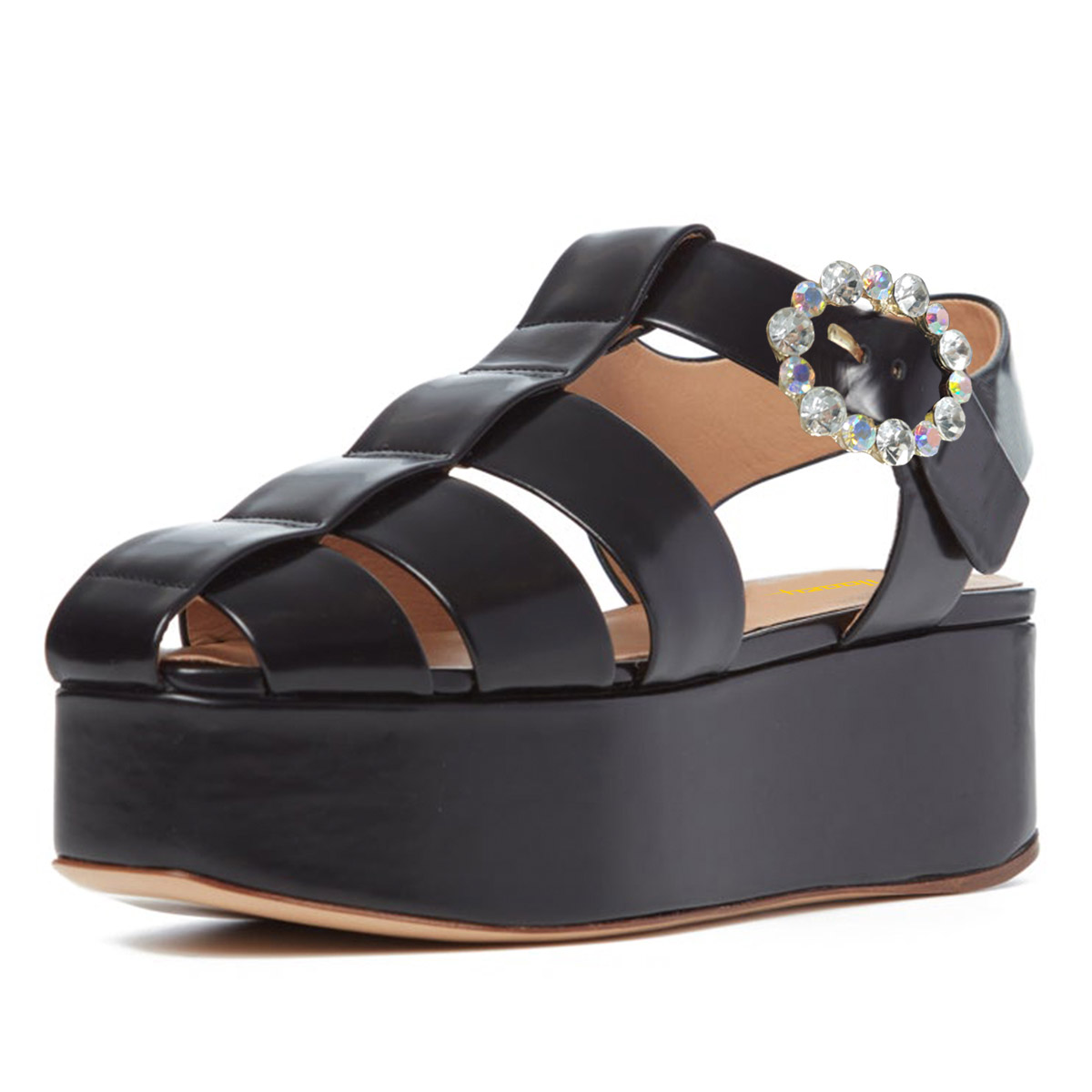 Caged Rhinestone Buckle Square Toe Platform Black Heels Sandals Nicepairs