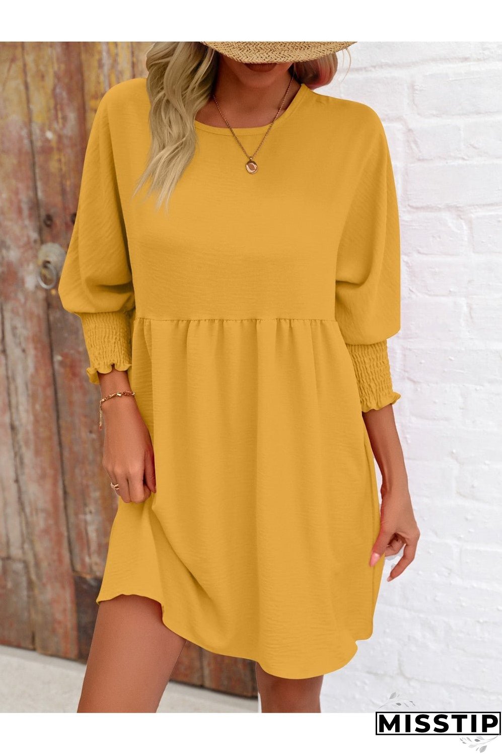 Round Neck Lantern Sleeve Mini Dress