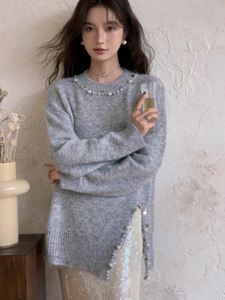 Gamezwind Elegant Loose Sweater Women'S 2024 Winter New Korean Version Design Atmosphere Sequin Slit Knit Sweater