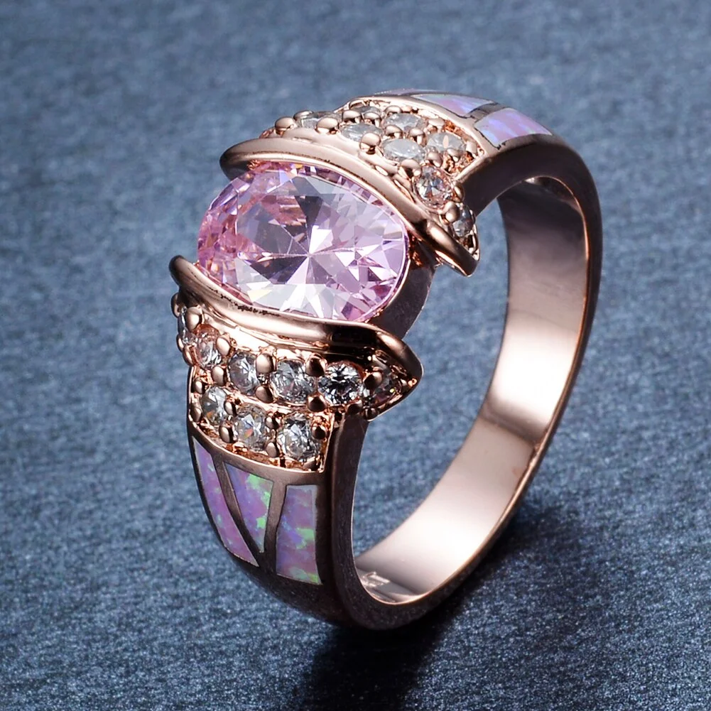 Vintage Female Pink Oval Crystal Ring Classic Rose Gold Color Engagement Rings For Women Luxury Bride Opal Stone Wedding Ring