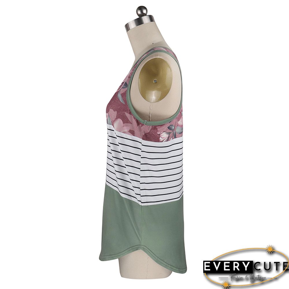 Army Green Colorblock Striped Tank Tops