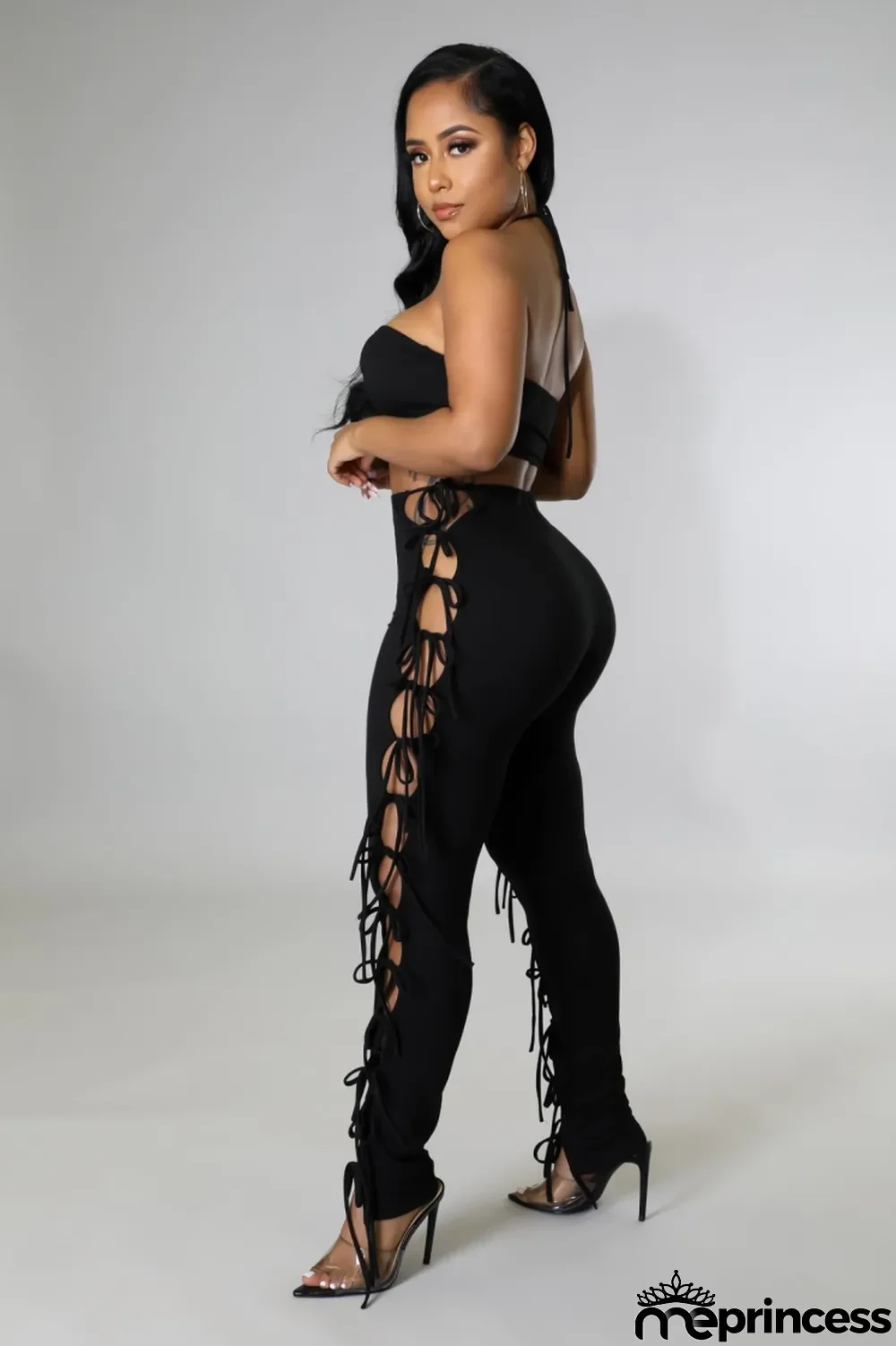 Women Summer Black Casual Strapless Sleeveless High Waist Solid Lace Up Regular Two Piece Pants Set