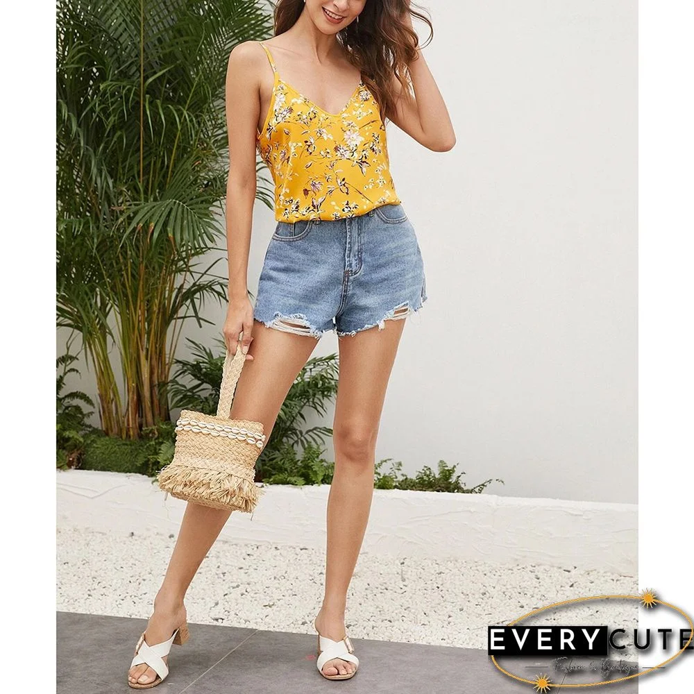 Yellow Spaghetti Straps Floral Print Tank Top