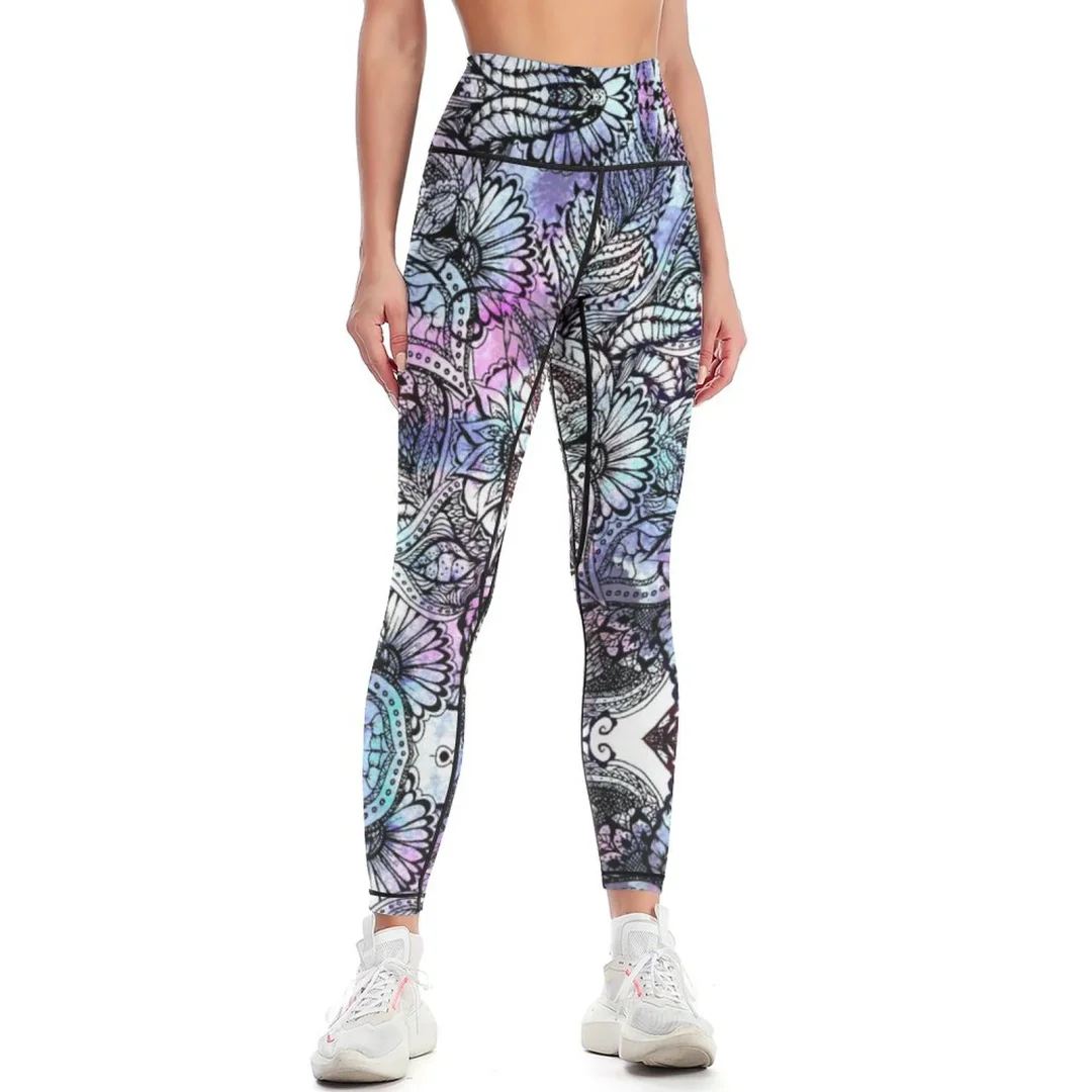 Purple Blue Watercolor Floral Yoga Pants Women Stretch Yoga Leggings Flat Seamless Trendy Active Sports Leggings