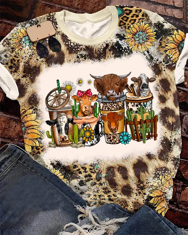 Cow Heifers Coffee Drink Printed Round Neck Short Sleeve T-shirt