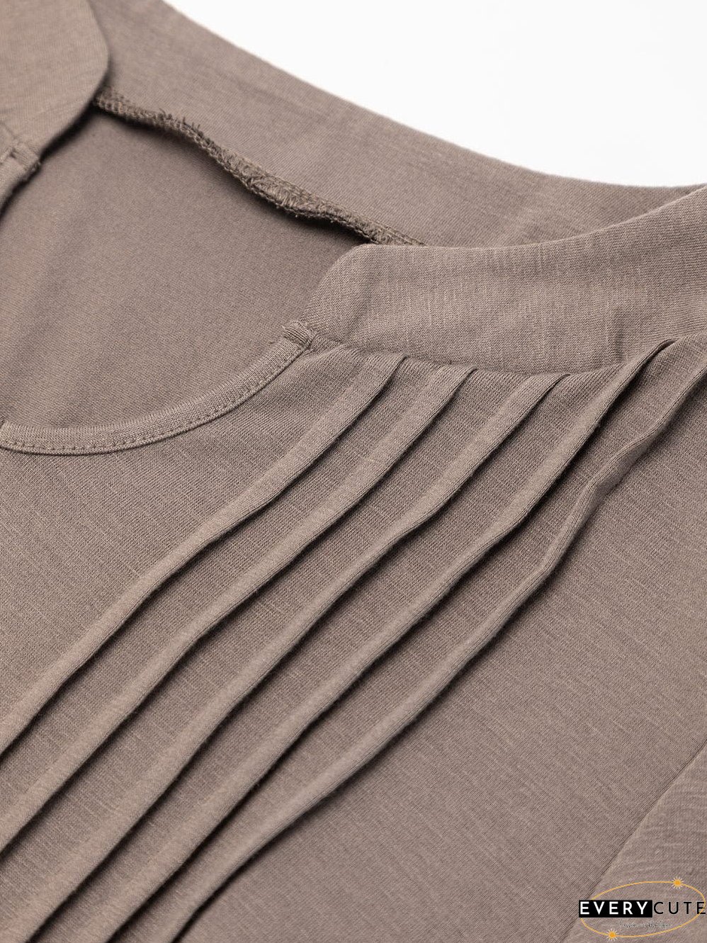 Desert Palm Pleated Notched Neck Puff Sleeve Shift Tee Dress