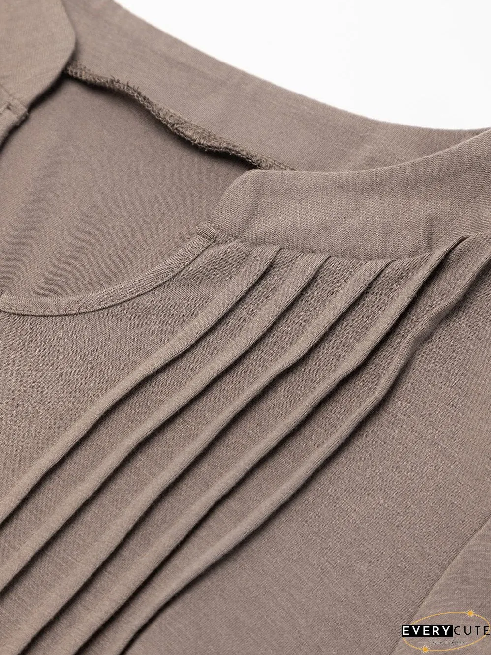 Desert Palm Pleated Notched Neck Puff Sleeve Shift Tee Dress
