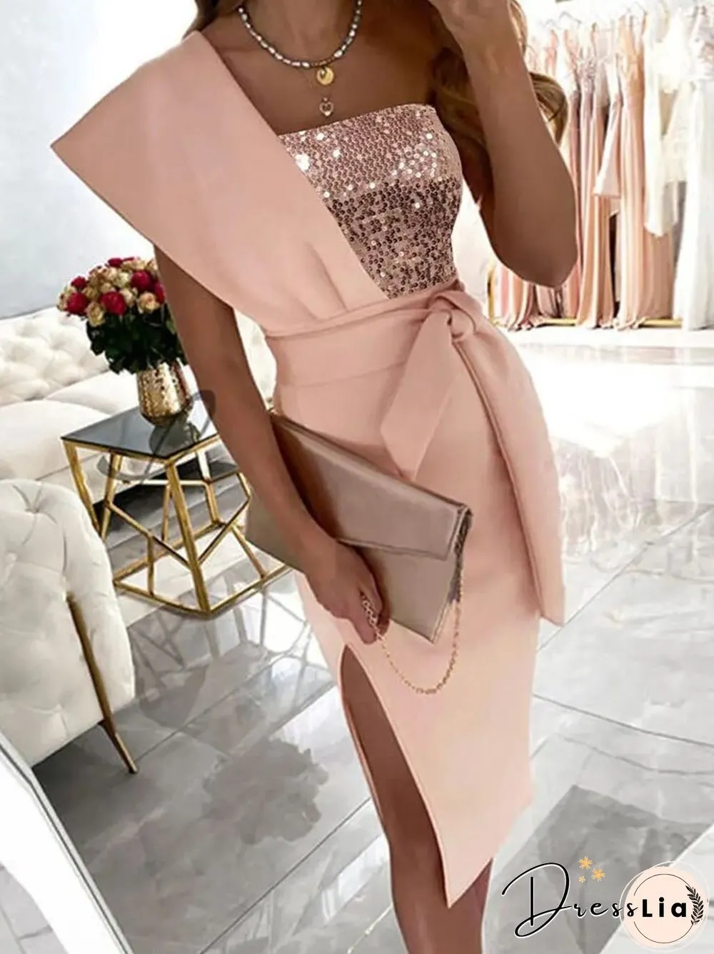 Womens One Shoulder Sequin Patchwork Dress-Elegant Office Lady Slit Lace-Up Chic Party